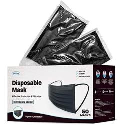 WeCare Individually Wrapped Disposable Face Masks - 50 Pack, Black -Soft on Skin - 3 Ply Protectors with Elastic Earloops - Latex Free, Non Woven, Single Use - Effective Filtration - Retail Packaging