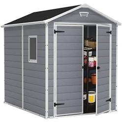 KETER Manor 6x8 Resin Outdoor Storage Shed Kit-Perfect to Store Patio Furniture, Garden Tools Bike Accessories, Beach Chairs and Lawn Mower, Grey & White