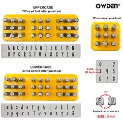 OWDEN Metal Stamps for Jewelry Making, Art Font Uppercase Letter Punch Set and Art Font Lowercase Letter Punch wtih 1 Set Number Punch Set Size:1/8'',3mm Stamps Hammer and Steel Bench Block