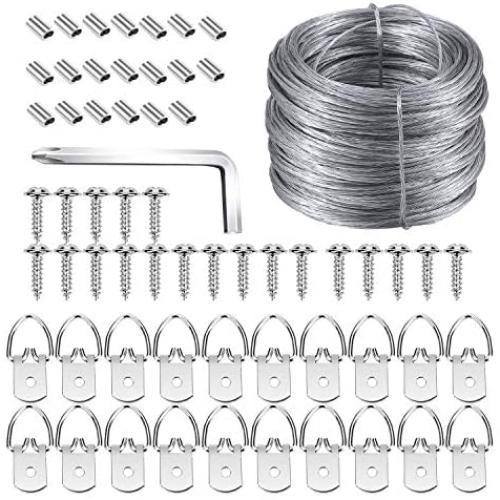 Picture Hanging Kit, Listenman D Ring Picture Hangers with Screws, Picture Hanging Wire(100 Feet) and Aluminum Sleeves, Supports up to 30 lb, Included Screwdriver