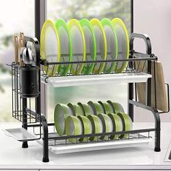 Dish Drying Rack, iSPECLE 304 Stainless Steel 2-Tier Dish Rack with Utensil Holder, Cutting Board Holder and Dish Drainer for Kitchen Counter