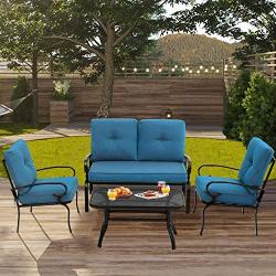 Oakmont Outdoor Furniture Patio Conversation Set Loveseat, 2 Chairs, Coffee Table with Cushion, Lawn Front Porch Garden, Metal Chair Set Wrought Iron Look (Peacock Blue)