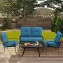 Oakmont Outdoor Furniture Patio Conversation Set Loveseat, 2 Chairs, Coffee Table with Cushion, Lawn Front Porch Garden, Metal Chair Set Wrought Iron Look (Peacock Blue)