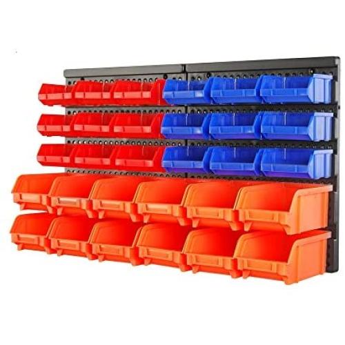 HORUSDY Wall Mounted Storage Bins Parts Rack 30PC Bin Organizer Garage Plastic Shop Tool