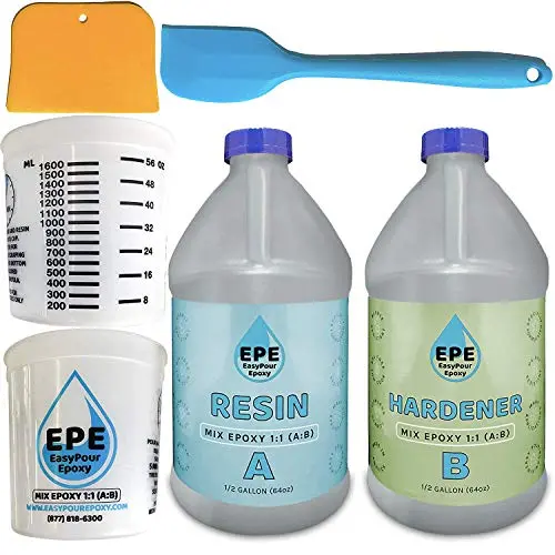 EasyPour Epoxy 1 Gallon Kit - Crystal Clear High Gloss Resin and Hardener, 2 Mixing Cups, Silicone Spatula, Plastic Spreader - Make Wood Tabletops, Epoxy Countertop Resin, Epoxy Castings and Art Work EasyPour Epoxy 1 Gallon Kit - Crystal Clear High Gloss Resin and Hardener, 2 Mixing Cups, Silicone Spatula, Plastic Spreader - Make Wood Tabletops, Epoxy Countertop Resin, Epoxy Castings and Art Work