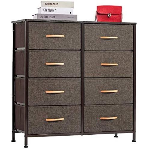 WAYTRIM 4-Tier Wide Drawer Dresser, Storage Unit with 8 Easy Pull Fabric Drawers and Metal Frame, Wood Top, Organizer Unit for Bedroom, Hallway, Entryway, Closets, 31.5 x 11.81 x 32.12 Inches - Brown