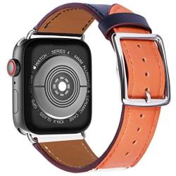 Surace Compatible with Apple Watch Band 38mm 40mm, Genuine Leather Watch Strap Stainless Steel Square Buckle Compatible for Apple Watch Series 4 Series 5 40mm,Indigo White Orange Band+Silver Buckle