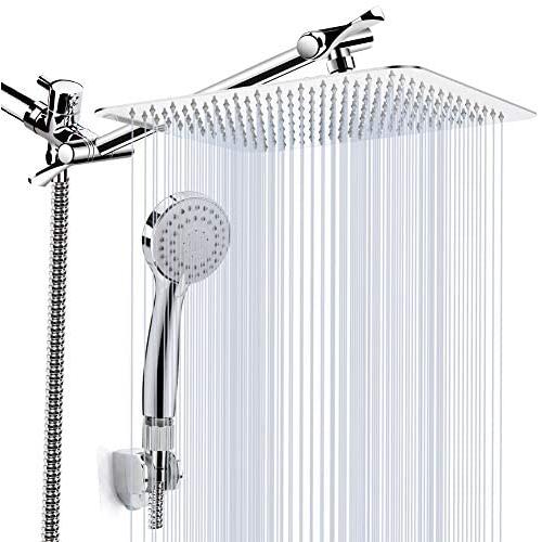 Kaqinu Shower Head , 8 High Pressure Rainfall Shower Head / Handheld Showerhead Combo with 11” Extension Arm, Anti-leak Shower Head with Holder/ Hose, Flow Regulator, Chrome