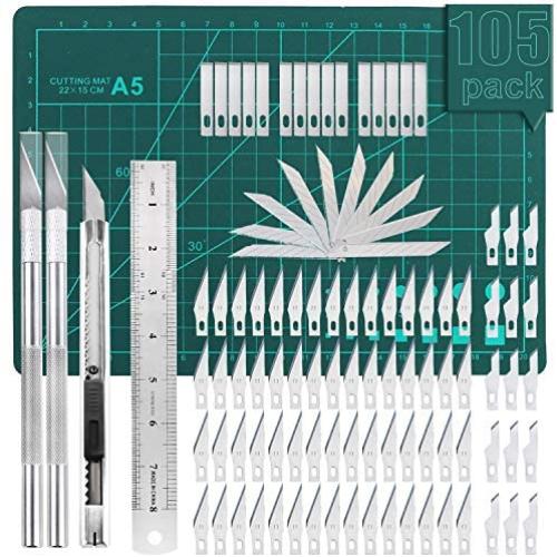 105 PCS Precision Carving Craft Hobby Knife Kit Includes 92 PCS Carving Blades with 2 Handles, 11 PCS SK5 Art Blades with 1 Handles, Cutting Board,Steel Rule for DIY Art Work Cutting, Hobby, Scrapbook