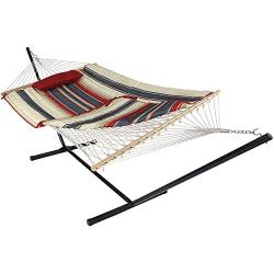 Sunnydaze Cotton Rope Freestanding Hammock with 12 Foot Portable Steel Stand and Spreader Bar, Pad and Pillow Included, Modern Lines