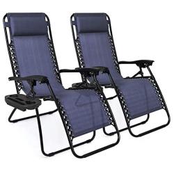 Best Choice Products Set of 2 Adjustable Steel Mesh Zero Gravity Lounge Chair Recliners w/Pillows and Cup Holder Trays, Blue