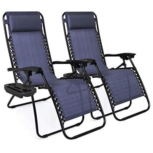 Best Choice Products Set of 2 Adjustable Steel Mesh Zero Gravity Lounge Chair Recliners w/Pillows and Cup Holder Trays, Blue