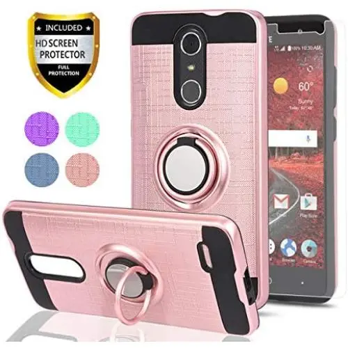 YmhxcY ZTE ZMAX One (Z719DL)/ Grand X4/ZTE Blade Spark Z971 Case with HD Phone Screen Protector, 360 Degree Rotating Ring & Bracket Dual Layer Resistant Back Cover for ZTE Grand X 4 Z956-ZH Rose Gold