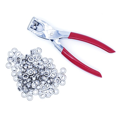 Ram-Pro 1/4'' Grommet Eyelet Setter Plier, Hole Punch Tool Kit with 100 Silver Metal Eyelets Grommets