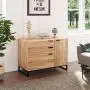 WLIVE 3 Drawer Dresser, Wide Chest of Drawers with 1 Side Door, Wood Storage Cabinet with Sturdy Metal Frame for Bedroom and Living Room, Natural Oak