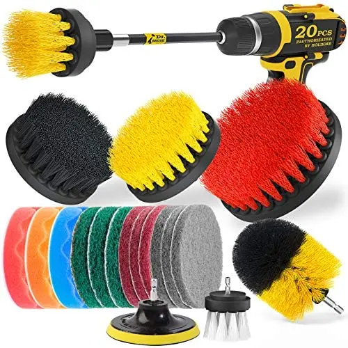 Holikme 20Piece Drill Brush Attachments Set, Scrub Pads & Sponge,Buffing Pads，Power Scrubber Brush with Extend Long Attachment，Car Polishing Pad Kit
