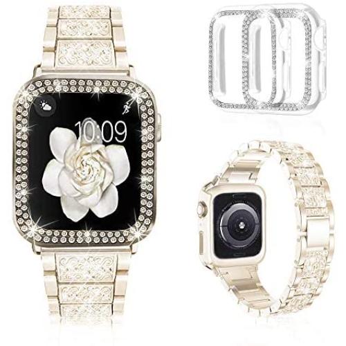 Mosonio Compatible with Apple Watch Band 38mm 40mm 42mm 44mm with Case Women, Jewelry Replacement Metal Wristband Strap with 2 Pack Bling PC Protective Cover for iWatch Series 6/5/4/3/2/1(Champagne)