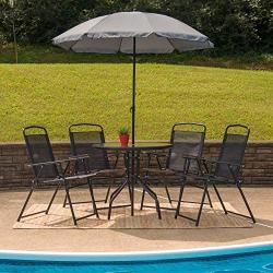 Flash Furniture Nantucket 6 Piece Black Patio Garden Set with Table, Umbrella and 4 Folding Chairs