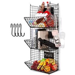 3 Tier Hanging Wire Basket - Wall Mounted Storage Bins for Pantry with Removable Chalkboards, Kitchen Fruit and Vegetable Storage Baskets, Metal Shelves Pantry Organization Containers Rack Produce Bin