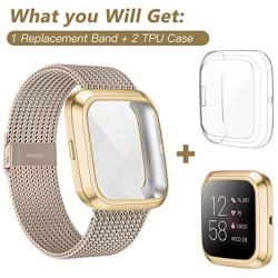 HAPAW Metal Bands Plus Screen Protector Case Compatible with Fitbit Versa 2, Stainless Steel Magnetic Mesh Strap Men Women Bracelet Wristbands Accessories with 2-Pack Bumper Cover for Versa 2 Smartwatch (Champagne, Large)