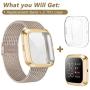 HAPAW Metal Bands Plus Screen Protector Case Compatible with Fitbit Versa 2, Stainless Steel Magnetic Mesh Strap Men Women Bracelet Wristbands Accessories with 2-Pack Bumper Cover for Versa 2 Smartwatch (Champagne, Large)