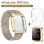 HAPAW Metal Bands Plus Screen Protector Case Compatible with Fitbit Versa 2, Stainless Steel Magnetic Mesh Strap Men Women Bracelet Wristbands Accessories with 2-Pack Bumper Cover for Versa 2 Smartwatch (Champagne, Large)