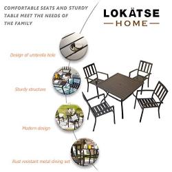 LOKATSE HOME 5 Piece Patio Dining Metal Outdoor Armrest Chairs and 37'' Larger Square Table Set Umbrella Hole 1.57'', Black