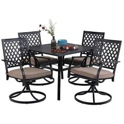 MFSTUDIO 5 Piece Black Metal Outdoor Patio Dining Furniture Set with 4 Swivel Chairs and 37'' Steel Frame Slat Larger Square Table with 1.57“ Umbrella Hole for Indoor and Outdoor, Black