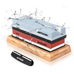 Sharpening Stone Set, Meterk Whetstone 4 Side Grit 400/1000 3000/8000 Knife Sharpening Kit with Bamboo Base, Non-Slip Rubber Base and Angle Guide