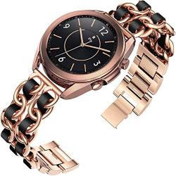 Tensea Metal Band Leather Loop Compatible with Galaxy Watch 3 41mm / Active 2 44 / 40mm and Samsung Galaxy Watch 42mm, Cute Bracelet Quick Release Band Replacement, Chain Wristband with Leather Strap ( Rose Gold-Black )