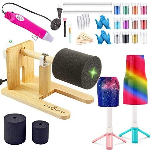 Cup Turner for Crafts Tumbler Cup Spinner Machine Kit, Wood Cuptisserie Turner DIY Glitter Epoxy Tumblers with Silent UL Motor Safety Switch 2 Foams (Wood & Hot Air Gun)