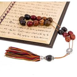 Multi-Color Nutmeg Seed, Handmade Greek Worry Beads or Komboloi with Alpaca Metal Parts on Pure Silk Cord & Tassel, Length 34cm (13.4)