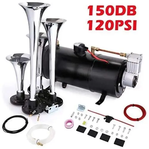 Schafter 150DB Air Horn Car Truck Train Chrome 4 Trumpet Train Air Horn 12V 150 PSI Compressor (Black) Schafter 150DB Air Horn Car Truck Train Chrome 4 Trumpet Train Air Horn 12V 150 PSI Compressor (Black)