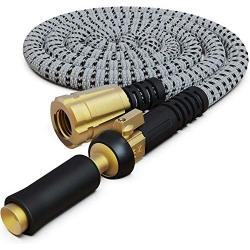 TITAN 100 FT Garden Hose - All New Expandable Water Hose with Triple Latex Core 3/4'' Easy Removal Solid Brass Fittings Expanding Extra Strength Fabric Flexible Hose with Jet Nozzle and Washers (H)