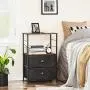 SONGMICS Nightstand, Industrial Bedside Table with 2 Fabric Drawers, Storage Shelves, Vertical Dresser Storage Tower with Wooden Top, Metal Frame, Labels, Rustic Brown and Black ULVT03H
