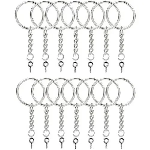 KINGFOREST 100PCS Split Key Ring with Chain 1 inch and Jump Rings with Screw Eye Pins,Split Key Ring with Chain Silver Color Metal Split Key Chain Ring Parts with Open Jump Ring and Connector.