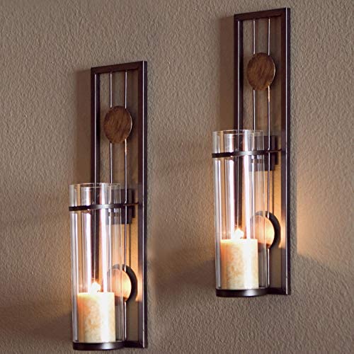 COLIBYOU 2 Piece Brown Tan Candle Holders Metal Sconce Set Modern Contemporary Wall Sconces Candles Warm Romantic Ambiance Elegant Geometric Design Circle Pattern, Iron