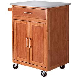 Giantex Wood Kitchen Trolley Cart Rolling Kitchen Island Cart with Stainless Steel Top Storage Cabinet Drawer and Towel Rack