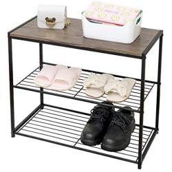 LEEDA 3-Tier Metal Storage Shoe Bench, 2 Shelves Rack Organizer, Entryway Furniture with Seat, for Living Room, Hallway, Bedroom, Closet, Brown