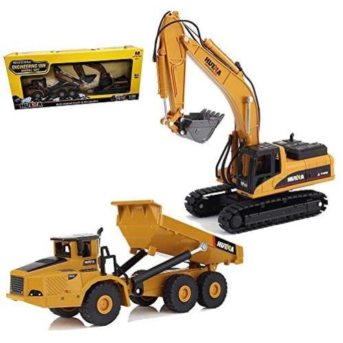 Gemini&Genius 1/50 Scale Heavy Metal Diecast Dump Truck Excavator Engineering Vehicle Construction Toys for Kids and Decoration House (Truck & Excavator Gift Box)