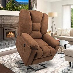 oneinmil Electric Power Lift Recliner Chair, Linen Recliners for Elderly, Home Sofa Chairs with Heat & Massage, Remote Control, 3 Positions, 2 Side Pockets and USB Ports, Chocolate