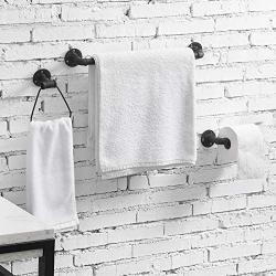 MyGift 3-Piece Wall Mounted Black Metal Pipe Bathroom Accessory Set w/Toilet Paper Holder, Towel Ring & Towel Bar