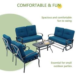 Incbruce Outdoor Indoor Furniture 5Pcs of 6 Seats Patio Conversation Set (Swing Glider, Loveseat, Coffee Table, 2 Lounge Chairs) Swing Glider Chair and Steel Frame Chair Sets, Peacock Blue Cushions