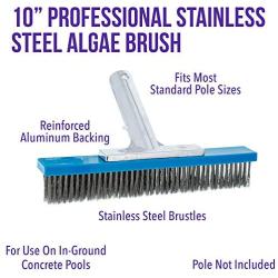 U.S. Pool Supply Professional 10'' Stainless Steel Pool Brush with EZ Clip Handle - Durable Bristles, Scrub Remove Calcium Buildup, Rust Stains on Concrete - Sweep Debris from Walls, Floors Steps