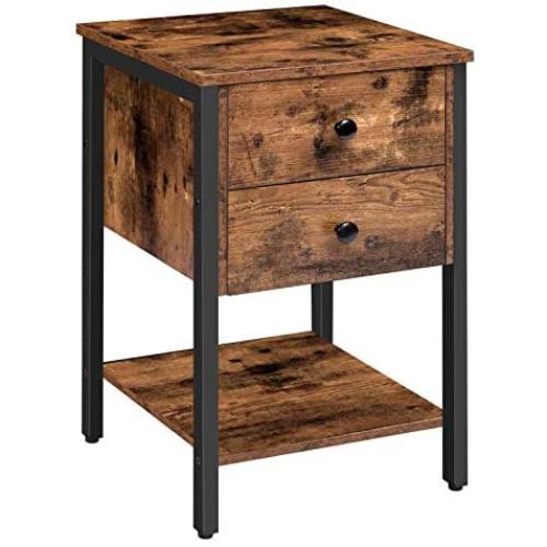 HOOBRO Nightstand with 2 Drawers and Open Shelf, Industrial Square End Table for Storage, Bedside Table in Living Room, Bedroom, Easy Assembly, Wood Look with Metal Frame, Rustic Brown BF47BZ01