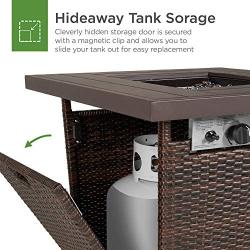 Best Choice Products 28in Fire Pit Table 50,000 BTU Outdoor Wicker Patio Propane Gas w/Faux Wood Tabletop, Glass Beads, Cover, Hideaway Tank Holder, Lid – Brown