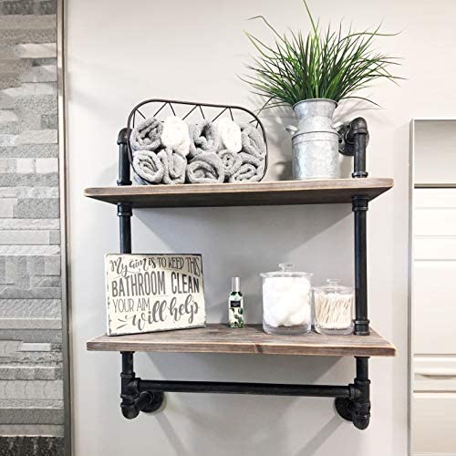 Ucared 2-Tier Vintage Industrial Pipe Bathroom Shelves Wall Mounted,24'' Rustic Wall Shelf with Bath Towel Bars,Farmhouse Towel Rack,Metal & Wooden Floating Shelves,Over The Toilet Storage Shelf