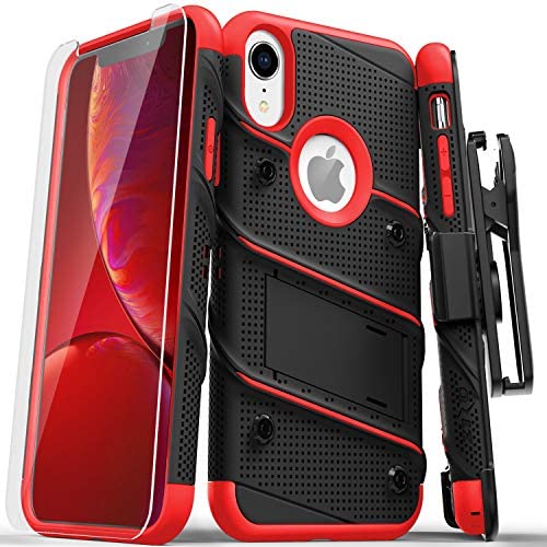 ZIZO Bolt Series for iPhone XR Case Military Grade Drop Tested with Tempered Glass Screen Protector Holster and Kickstand Black RED