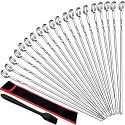 HaSteeL 22 Packs Kabob Skewers for Grilling, 15.7” Flat Metal Kabob Sticks with Storage Bag, Reusable 20Pcs Stainless Steel Long Skewers & 1 Basting Brush for Shish Kabobs, Meat, Vegetable, Shrimp