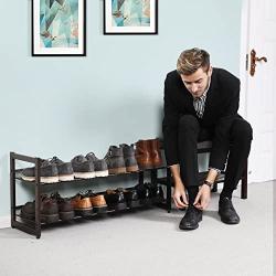 SONGMICS 2-Tier Stackable Metal Shoe Rack Flat & Slant Adjustable Shoe Organizer Shelf for Closet Bedroom & Entryway Bronze ULMR02A